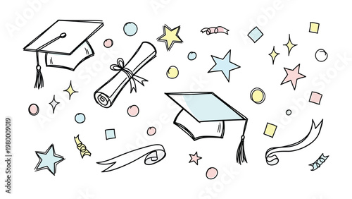 Graduation Celebration: A whimsical and festive illustration showcasing the essence of graduation day, with mortarboard and diploma.