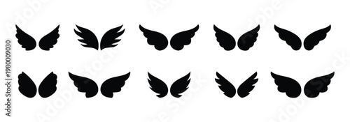 Angel wings icon set in flat style, bird wing symbol collection. Wing silhouette icon set black shapes isolated, flying feather wing symbols collection.