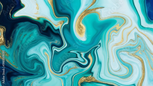 Luxury Turquoise Gold Marble Abstract Background with Fluid Ink Swirls, Vibrant Teal Waves, Premium Agate Texture for Elegant Modern Design