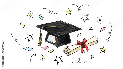 Foto Graduation Cap and Diploma Illustration: A celebratory illustration featuring a graduation cap and diploma, symbolizing academic achievement and the culmination of hard work