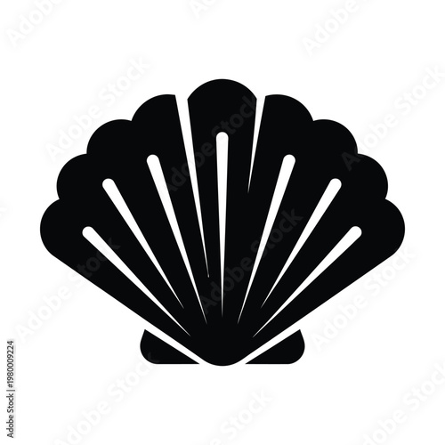 Black silhouette of a scallop shell with radiating lines, isolated on a white background, representing marine life and ocean themes.