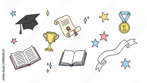 Education Iconography: An assortment of iconic elements symbolizing the realms of education, academic achievement, and milestones in a clean, illustrative design. 