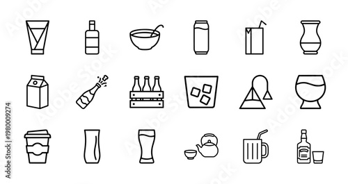 Minimalist beverage and drink line icons for cafe and bar