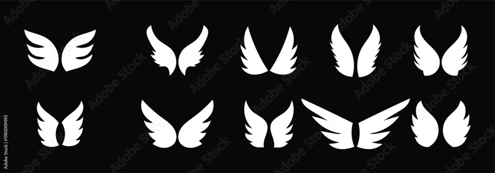 Fototapeta premium Collection of white wing icon. White wing icon pattern set with feathers, minimalist flying symbol collection in vector style.