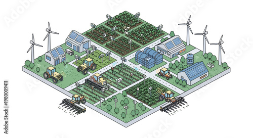 Smart Agriculture Isometric Illustration with Automated Tractors, Solar Panels, Wind Turbines, and IoT Sensors for Sustainable Farming Technology