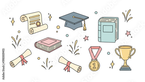 Education Symbols Collage: Celebrate academic milestones with this charming illustration of various educational symbols, including graduation cap, diploma, books, trophy, and medal.
