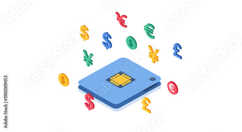 Isometric Digital Hardware Wallet with Floating Global Currency Symbols for Cryptocurrency Security and Fintech Asset Management Concept