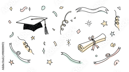 Graduation elements. A delightful illustration featuring elements, conveying the spirit of academic achievement and celebrating a milestone in education. 