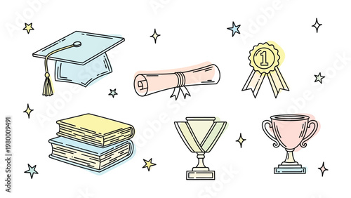 Education Symbol Set: An illustration of essential elements of academia: a graduation cap, rolled diploma, winner's medal, stacked books, and two trophies, all framed by glittering stars.