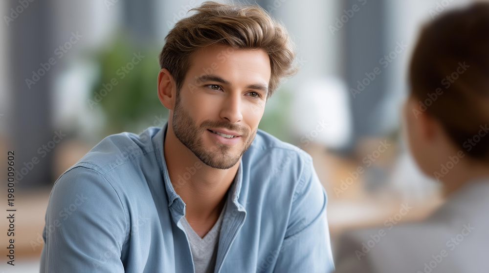 Obraz premium Man talking with a psychologist during a therapy session at an office, stress and mental health counseling concept, professional psychological support, defocused background, with