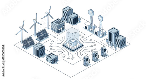 Isometric Smart City Concept with AI Processor, Renewable Energy, and Sustainable Technology Infrastructure