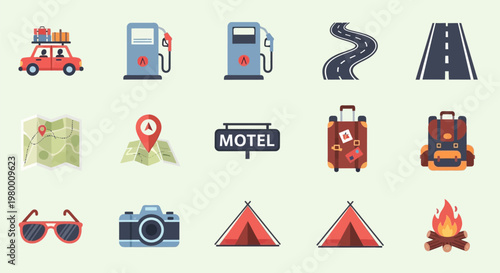 Road trip and travel essentials icon set for adventure and exploration.