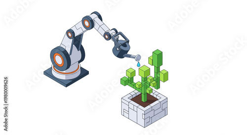 Isometric Robotic Arm Watering Voxel Plant: Smart Agriculture and Future Technology Concept
