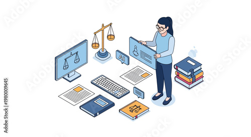 Isometric Illustration of Legal Professional Using Artificial Intelligence for Digital Justice and Law Research