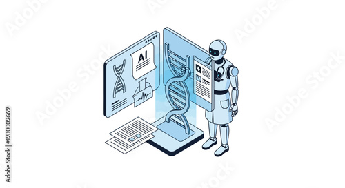 AI Robot Scientist Analyzing DNA and Medical Data in Isometric Biotechnology Illustration - Artificial Intelligence Healthcare Concept
