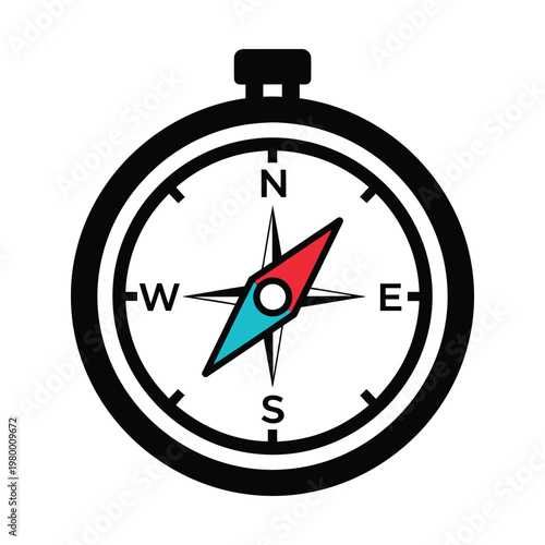 Minimalist compass vector icon with red and blue needle, navigational magnetic compass symbol for travel and adventure, flat directional map tool isolated on white background