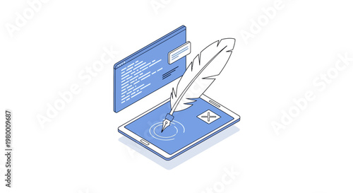Isometric Digital Content Creation Concept: Quill Pen Writing on Tablet with Code Window, Online Publishing, SEO Copywriting, and Modern Literature Illustration