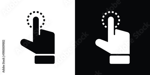 Black index finger pointing up next to black square with white finger and dotted circular ripple tap. Clean line art vector for press animation, touch feedback, UI elements in apps, websites. High-con
