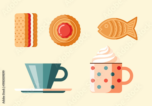 Flat Vector Illustration of Cafe Snacks and Drinks Set including Cookies, Taiyaki, Coffee Cup, and Hot Chocolate with Whipped Cream