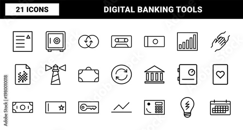 Minimalist financial and banking outline icons grid on white background