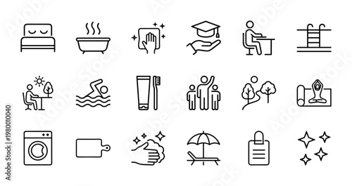 Minimalist good habits and healthy lifestyle line icon set
