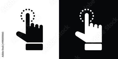 Black index finger pointing up next to black square with white finger and dotted circular ripple tap. Clean line art vector for press animation, touch feedback, UI elements in apps, websites. High-con