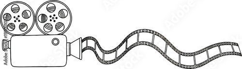 Hand Drawn Illustration of a Vintage Movie Camera with Film Strip