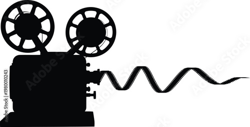 Black Silhouette of a Vintage Movie Projector with Film Reel Strip