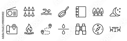Minimalist outdoor camping and nature line icons for leisure travel