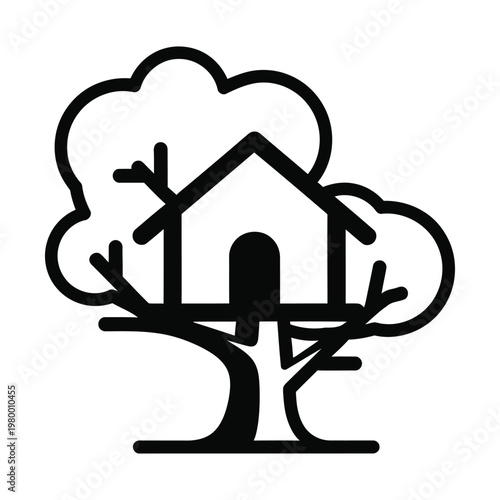 Treehouse line icon vector, minimalist black and white tree house illustration, wooden playhouse in a forest tree, childhood adventure and backyard fun symbol