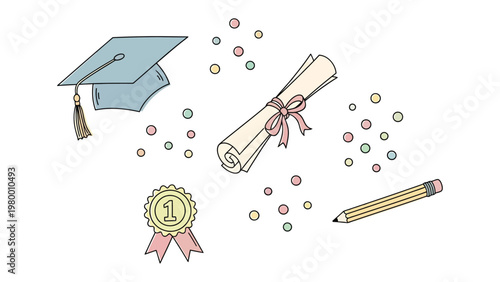 Celebrating Achievement: A cheerful illustration showcasing the symbols of educational accomplishment, including a graduation cap, diploma, a gold medal, a pencil, and colorful confetti.