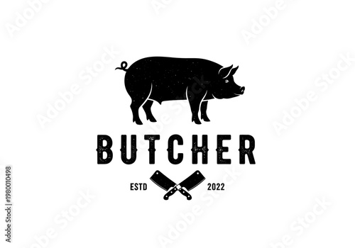 Vintage Butcher Shop Logo with Pig Silhouette and Crossed Cleavers - Retro Meat Market Badge