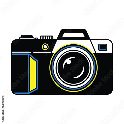 Modern professional camera vector icon, digital SLR photography equipment symbol, black and yellow photo camera illustration for creative media and studio branding projects