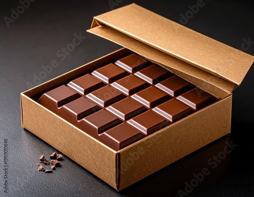 Elegant open cardboard box filled with neatly arranged assorted milk and dark chocolate squares on dark background, high quality food presentation