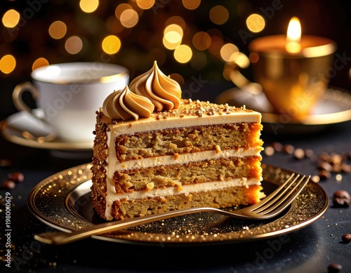 Delicious layered cake with creamy frosting and crunchy nut topping served on elegant gold plate with coffee cups in background, perfect dessert for celebration