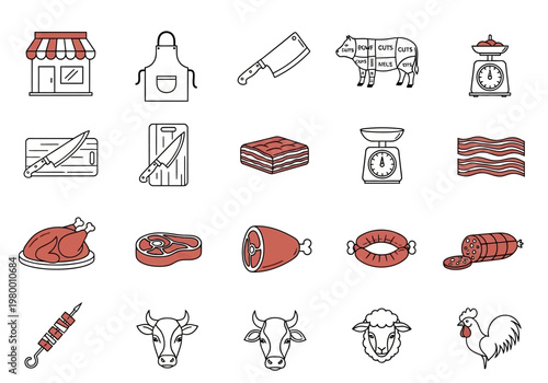 Butcher Shop and Meat Icon Set - Linear Vector Collection of Beef Cuts, Farm Animals, Salami, Steaks, and Butchery Tools for Restaurant Menus and Food Industry Branding