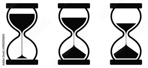 Sand clock illustrations with varying frames and sand amounts hourglass shapes in multiple variations, time management and aging process concept, deadline pressure and schedule control vector