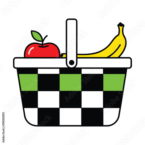 Picnic basket vector illustration with red apple and yellow banana, checkered green and black hamper icon, flat design grocery basket for healthy eating and summer outings