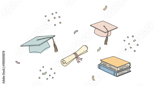 Academic Triumph: An illustration celebrating academic achievements, featuring graduation caps, diploma, and books amidst a scattering of confetti, symbolizing knowledge and success.