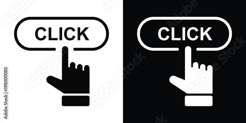 Oval "click" label with index finger gesture pressing down, black line art left of black square holding white variant. Sleek minimalist vector ideal for direction buttons, UI pointers, interactive map