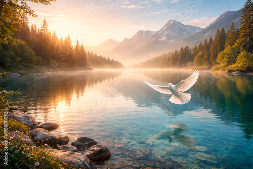 sunrise over the lake. generative AI.