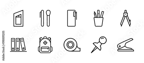Stationery and office supplies minimalist line art icon set