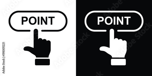 Oval "POINT" label with index finger gesture pressing down, black line art left of black square holding white variant. Sleek minimalist vector ideal for direction buttons, UI pointers, interactive map