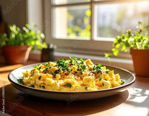 Delicious homemade scrambled eggs garnished with fresh herbs served on a white plate in a cozy kitchen with natural sunlight and potted plants in the background