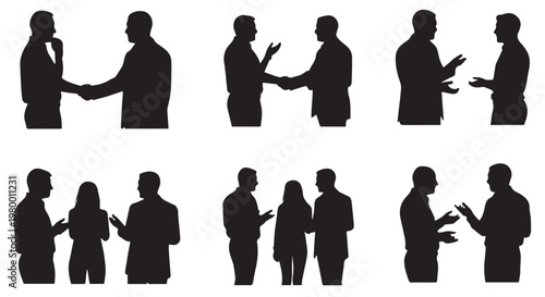 ector set shows business people shaking hands and discussing, suitable for corporate presentations, teamwork visuals, negotiations, and professional branding