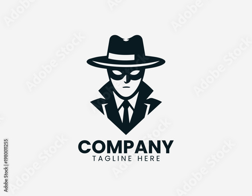 Mysterious masked figure wearing wide brim hat in clean black vector logo illustration style with minimalist design on white background