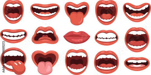 Cartoon mouth set with open and closed lips, smile, sad, laugh and angry expressions with tongue and teeth isolated