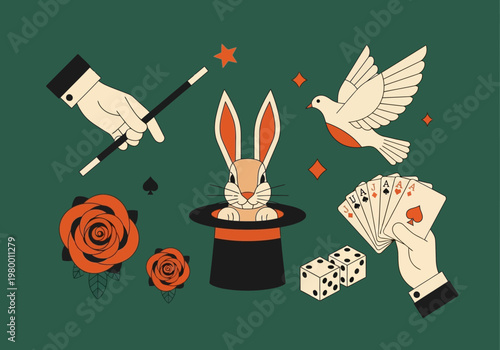 Retro Magic Show Vector Illustration Featuring Rabbit in a Top Hat, Magician's Hand with Wand, White Dove, Playing Cards, Dice, and Roses on Green Background