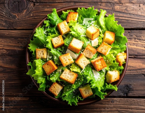 Fresh green lettuce leaf salad topped with crunchy toasted croutons served in a dark bowl on wooden table healthy vegetarian side dish or appetizer