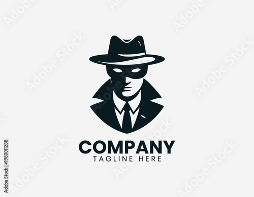 Mysterious masked figure wearing wide brim hat in clean black vector logo illustration style with minimalist design on white background